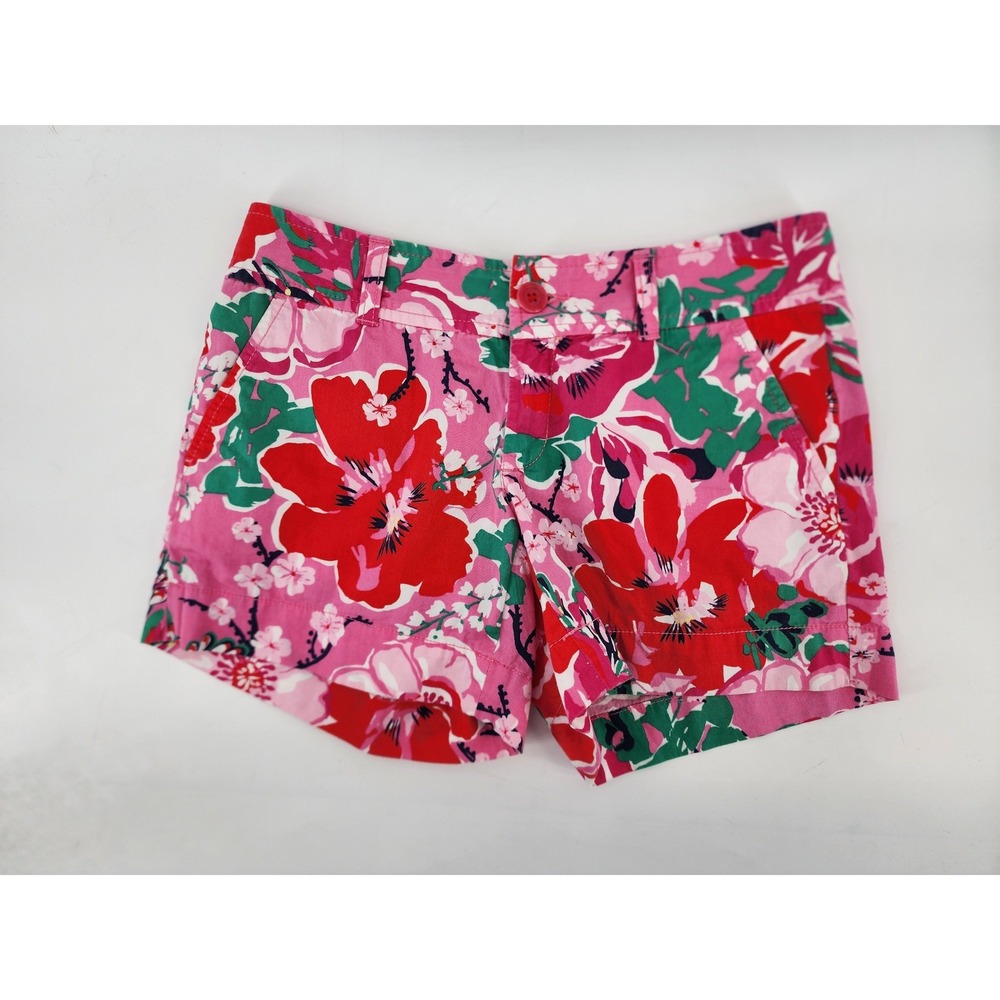 Lilly Pulitzer Pink Red Floral Cotton‎ Chino Shorts Size 0